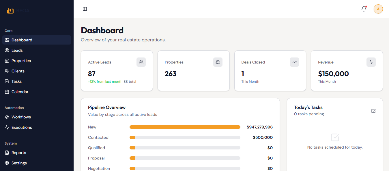 Real Estate Operations lead center and property CRM interface project screenshot