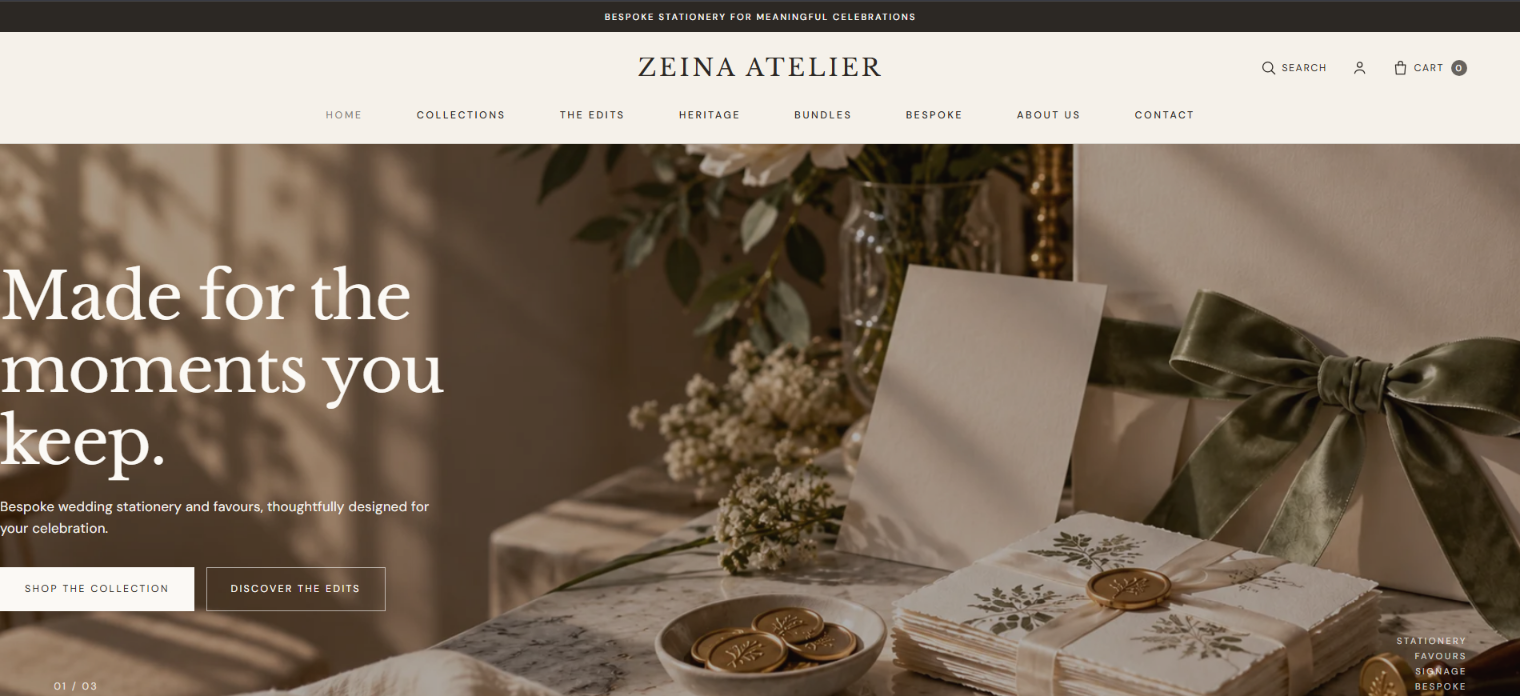 Zeina Atelier stationery storefront displayed in the Kumail Raza portfolio